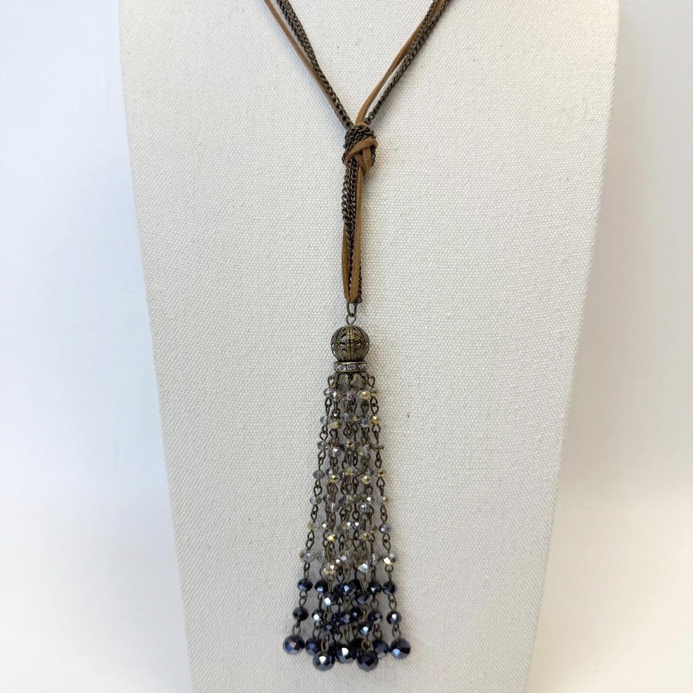 Y-Drop Chain Tassel Necklace Faceted Glass Beads Long Length Leather Cord‎ Black